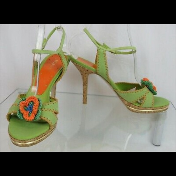 BCBG GIRLS GALIAN LIGHT GREEN LEATHER CROCHET BOW CORK PLATFORM SANDALS PUMPS - Picture 1 of 3